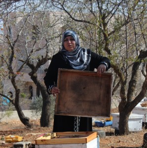 Neidee Hassan takes care of beehives in Qusra village in West Bank. She earns $25 for each kilo of honey sold.