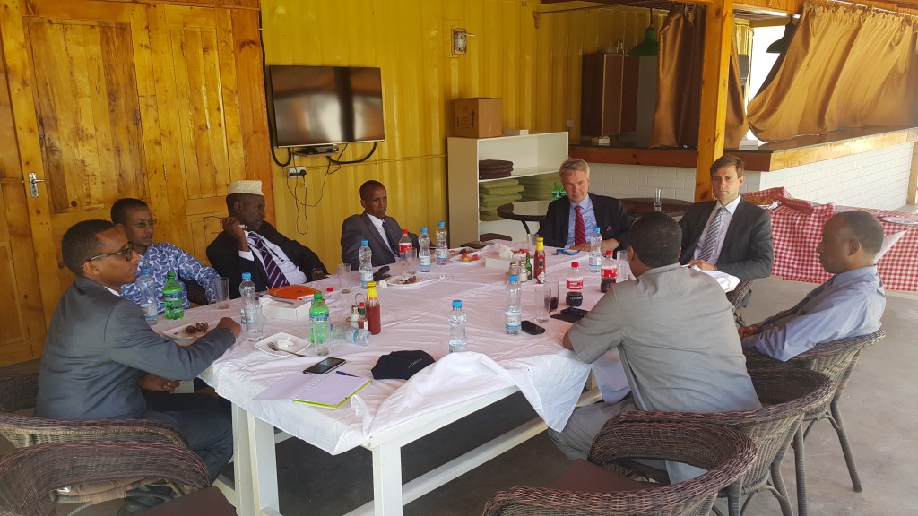 Ulkomaanapu isännöi erityisedustaja Pekka Haaviston tapaamisia Somalian paikallishallinnon kanssa. Kuvassa, vasemmalta, Ali Ibrahim, Ulkomaanavun projektipäällikkö Lounais-Somalia, Mohamed Hashi, Galmudugin paikallishallinnon varapresidentti, erityisasiantuntija Mohamud Abdi Elmi, ministeri Khalif Absidir Dirie, Pekka Haavisto, erityisedustaja, Toni Sandell, Nairobin suurlähetystö. Selin Nasir Arush, Lounais-Somalian hallinnon kansainvälisten asioiden ministeri ja Lounais-Somalian presidentin erityisneuvonantaja Mohamed Abdinur.