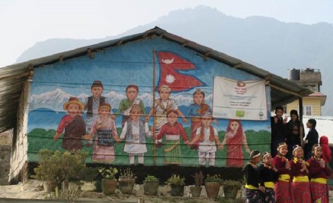 A local artist has decorated the temporary learning spaces of the Balajun School in Lalitpur. Photo: Johanna Arponen