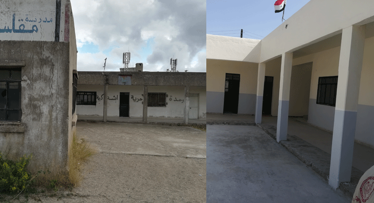Mukloksen koulu Syyriassa lokakuussa 2017 ja maaliskuussa 2018 kunnostustöiden jälkeen.