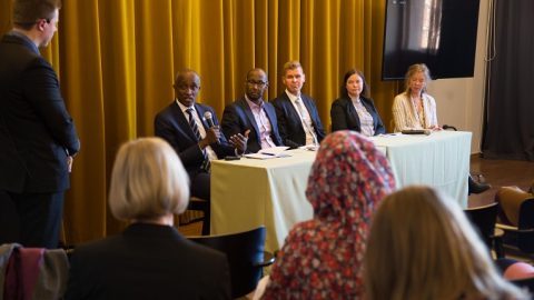 Panel discussion on preventing violent extremism, held at the UNDP's report launch in Helsinki on May 4th. From the left UNDP's Africa Regional Programme Coordinator Mohamed Yahya, Arshe Said from Finnish Somali League, David Korpela from the Finnish Ministry for Foreign Affairs, Katja Creutz from the Finnish Institute of International Affairs and Milla Perukangas, FCA's Reach Out coordinator. Photo: Rabbe Sandström