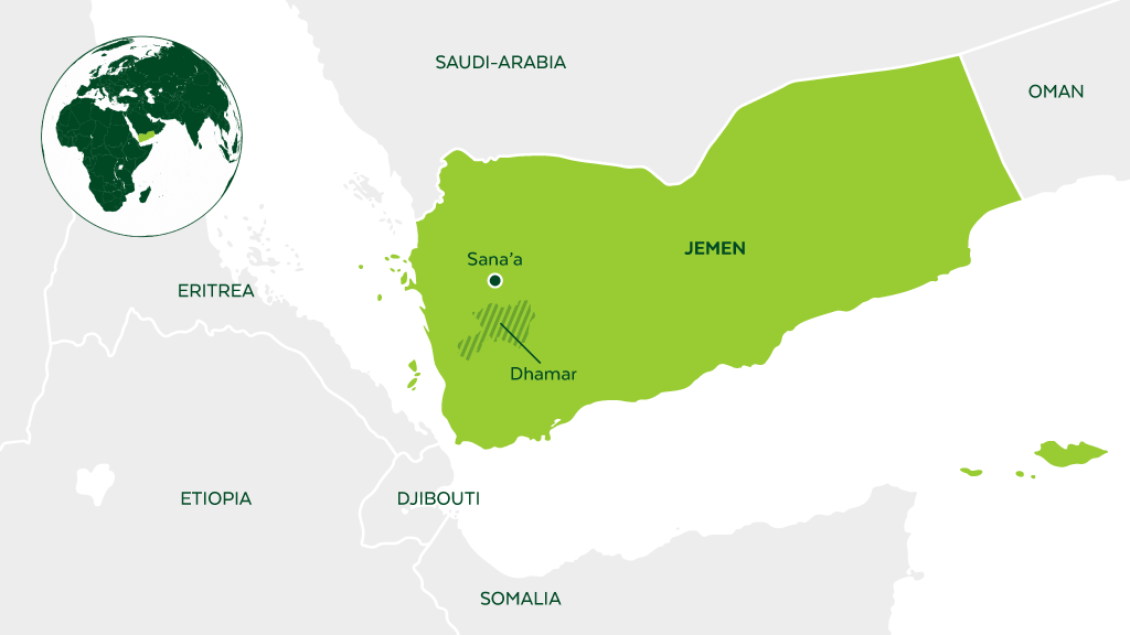 Dhamarin alue Sanaasta etelään merkittynä Jemenin karttaan.