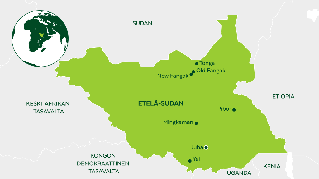 Etelä-Sudanin kartta.