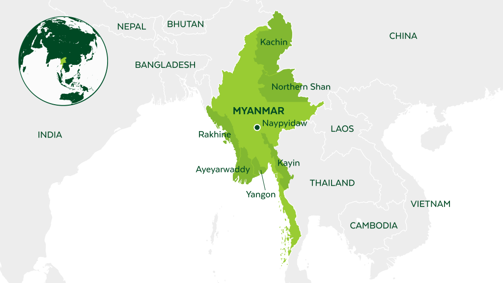 Map of Myanmar and neighboring countries.