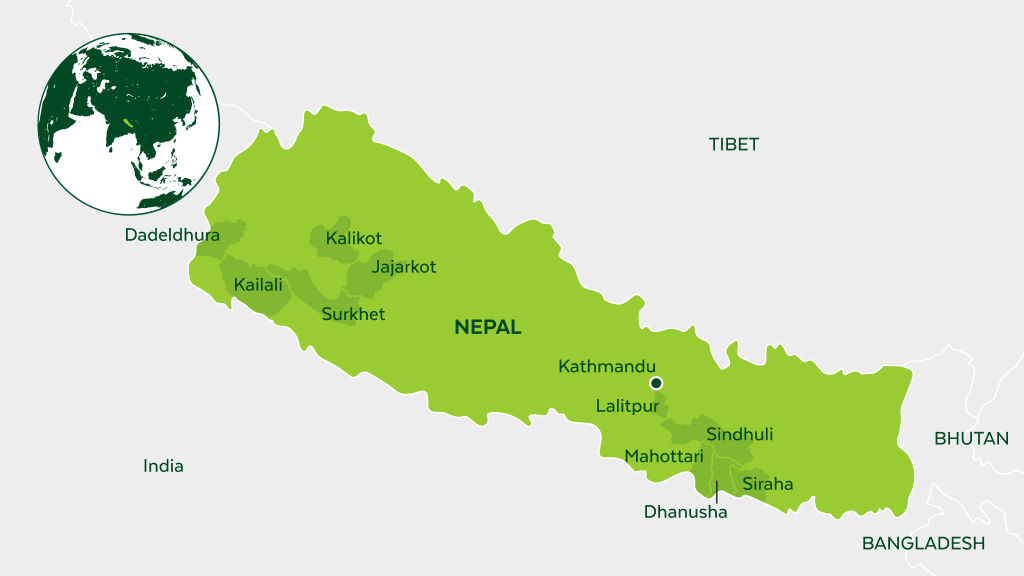 Map of Nepal and neighboring countries.