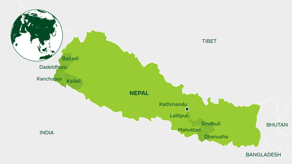 Map of Nepal and neighboring countries.