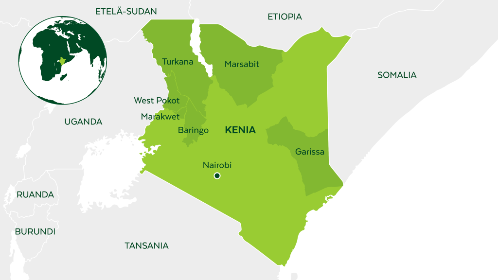 Kirkon Ulkomaanavun toiminta-alueet Kenian kartalla.
