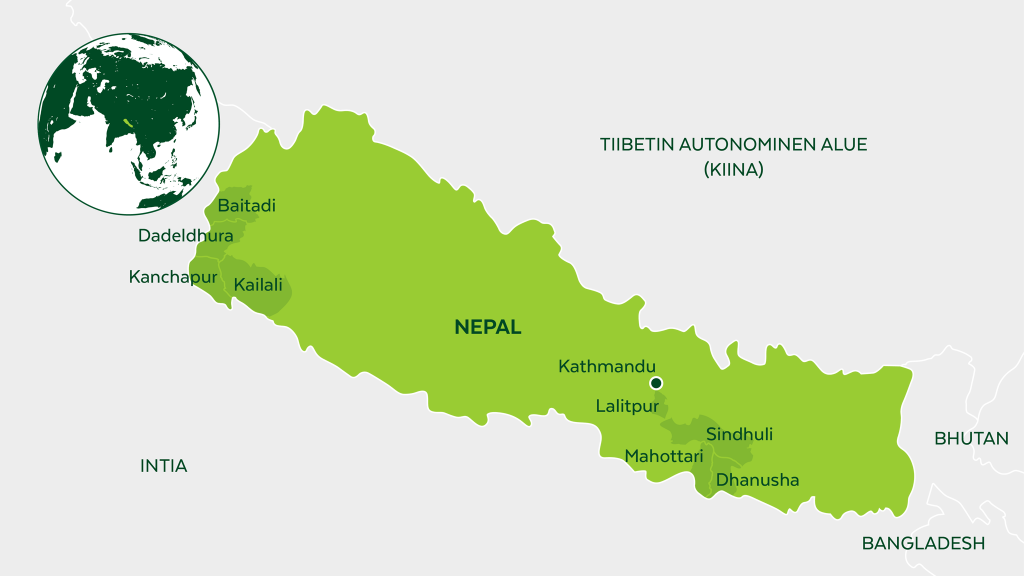 Kartta Nepalista ja sen naapurimaista. 