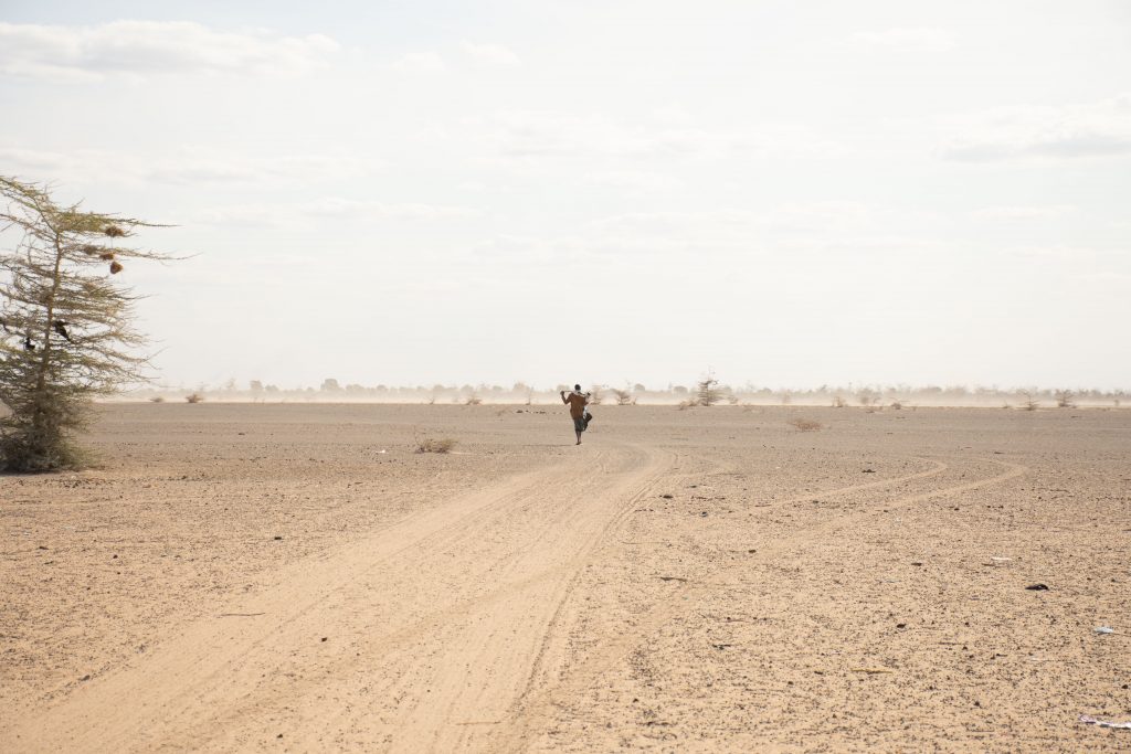 A distant figure in a parched landscape.