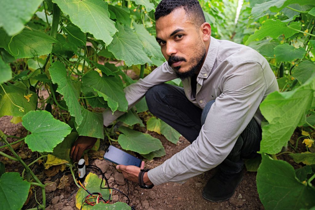 Mannen sitter på huk mitt bland plantorna. Mannen har en apparat i handen.