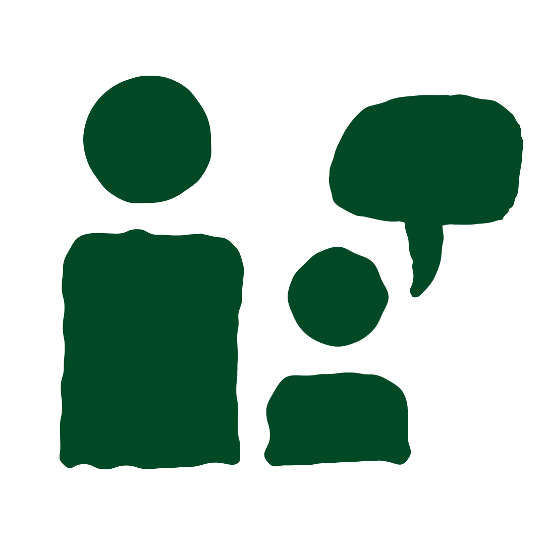 An illustration of an adult and a child. The child has a speech bubble above its head.