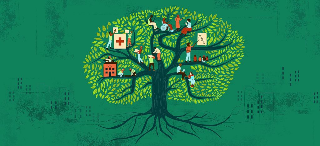 An illustration of a tree with many people working in it - teachers, builders, doctors etc.