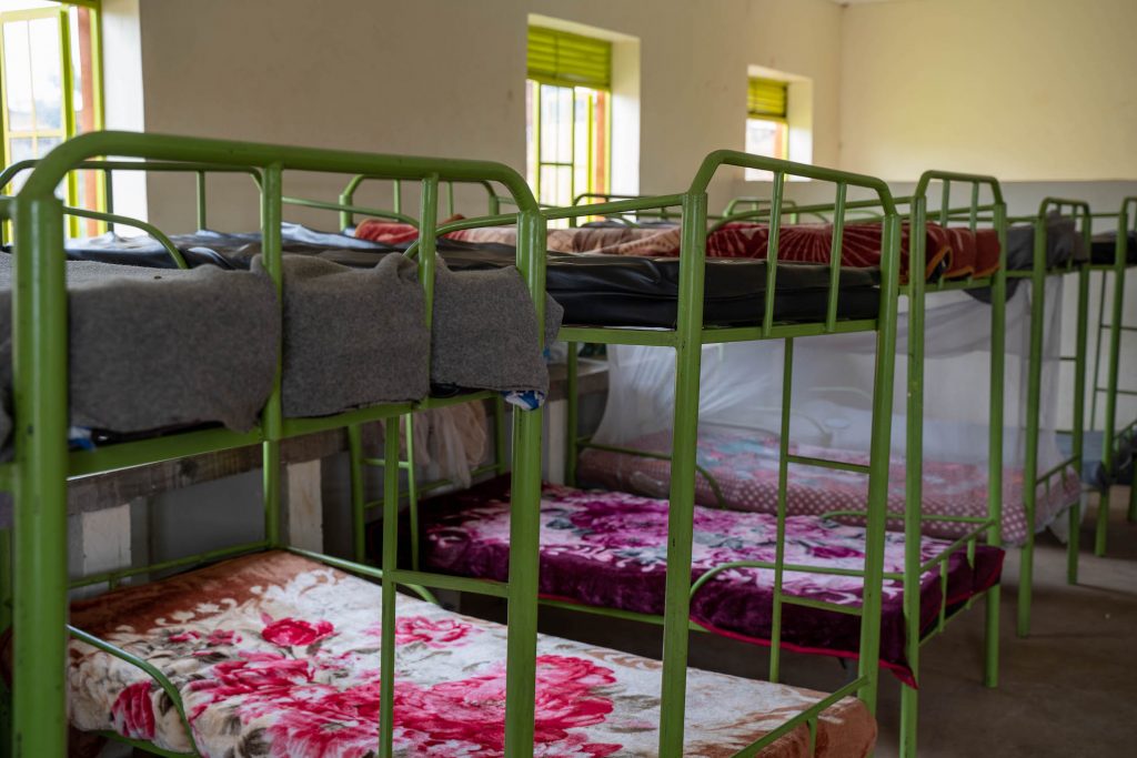 A picture of bunkbeds in the girls' dormitory.