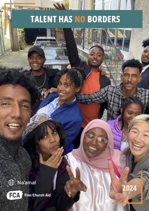 A group of young people pose for a photo. Text reads "Talent has no borders". The logos of Na'amal and FCA are visible.