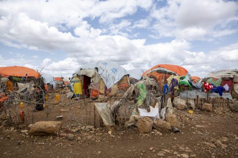 A dry landscape full of makeshift tents.