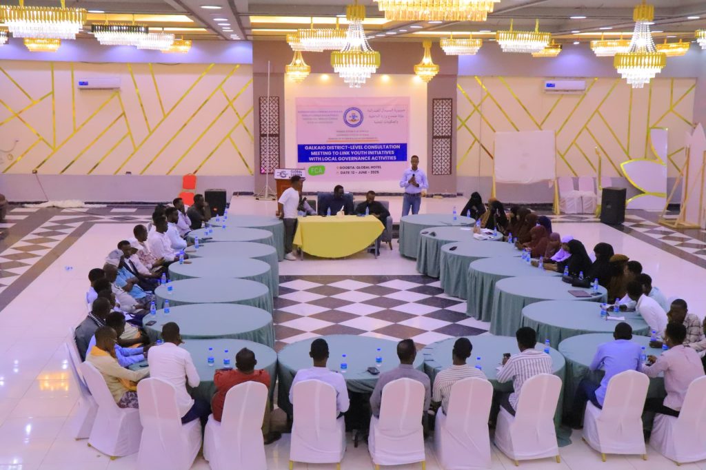 A full meeting room with training participants gathered behind tables in a horseshoe formation, listening to four presenters