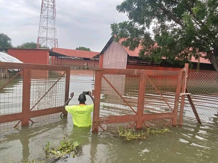 A man in a green shirt stands submerged up to his waist in water in between the gates of a school. He has his back turned to the camera and is holding up a phone to take a photo.