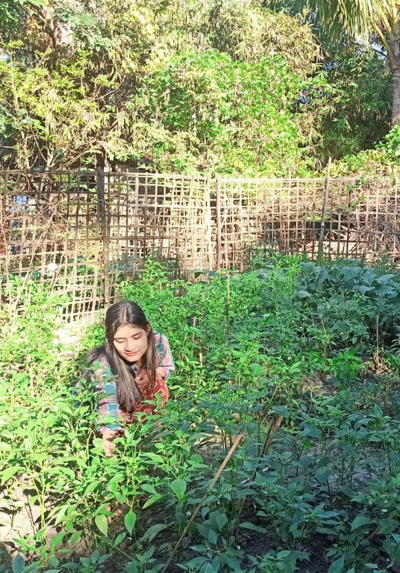 A woman crouches in a garden full of neatly planted plants and tends to them.