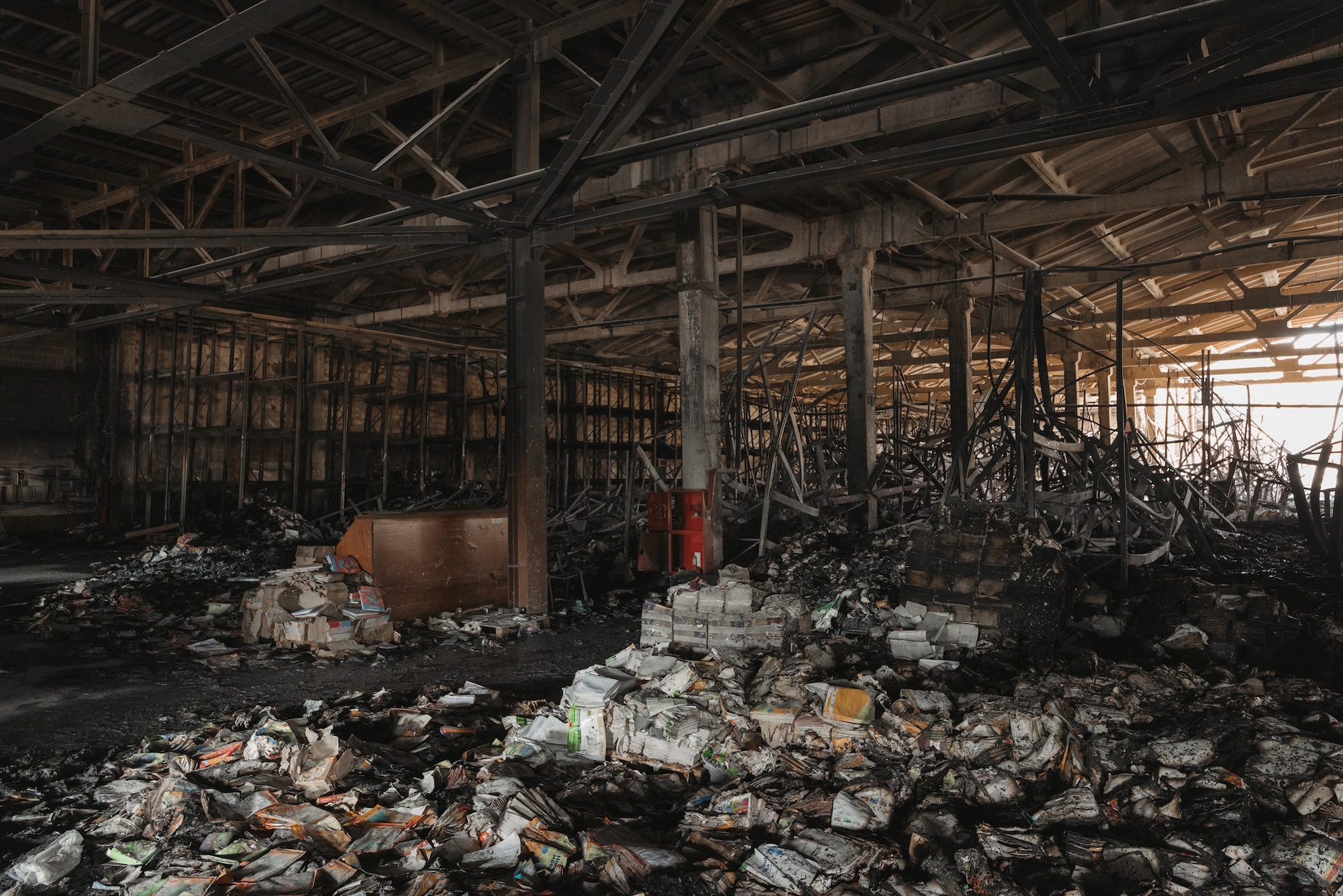 A warehouse full of burned or charred books