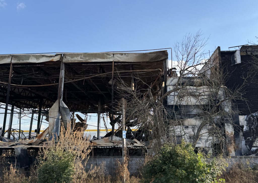 A burnt-out building.