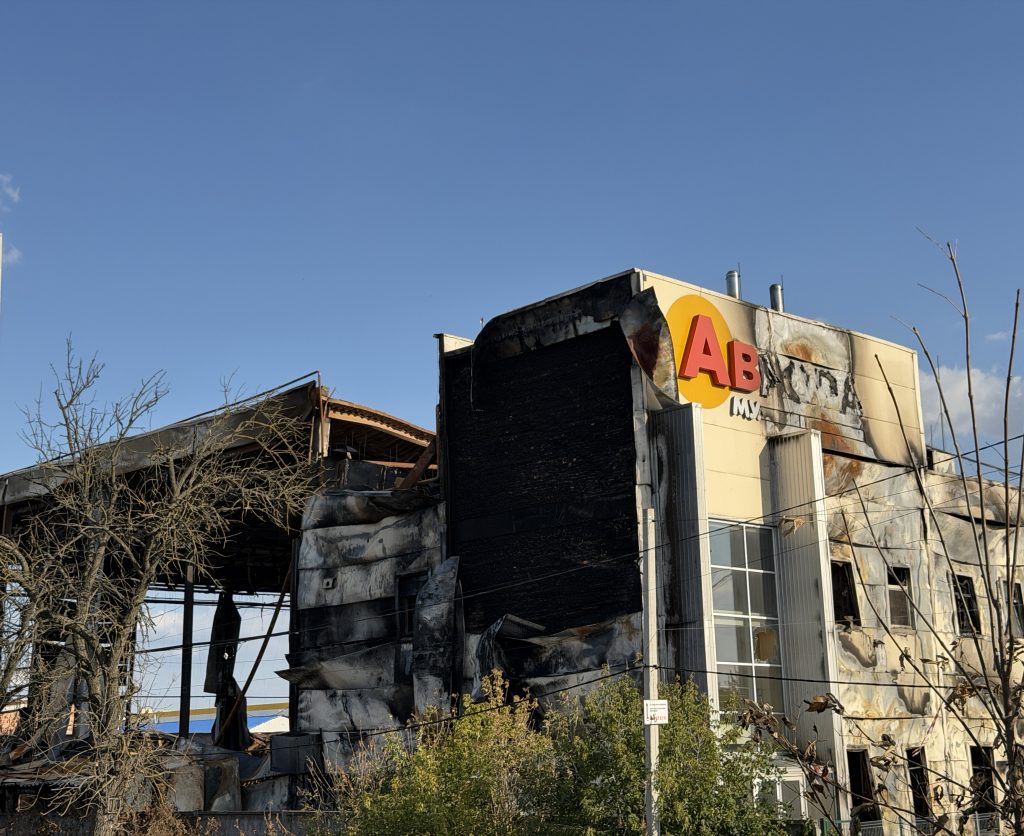 A burned-out warehouse building
